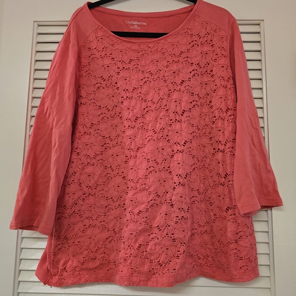 Croft & Barrow - Coral Floral Cut-Out Pattern ¾-Sleeve Cotton Top